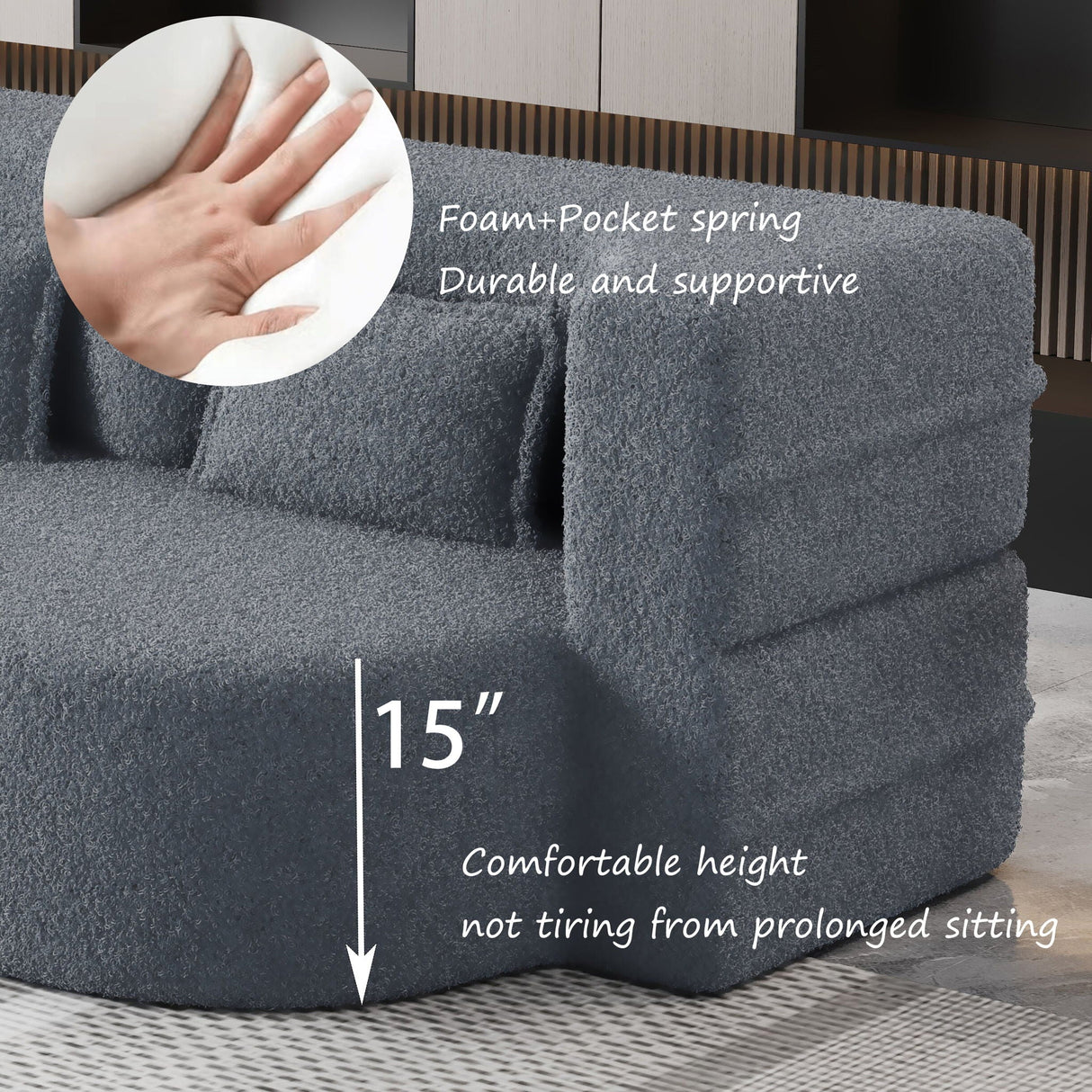 Modern Floor Sofa, With 2 Pillows, Convertible Teddy Fabric Foam Filled Bed