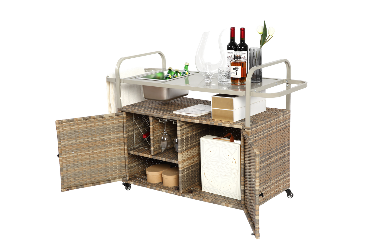Outdoor Bar Table with Wicker Cabinet and Steel Top