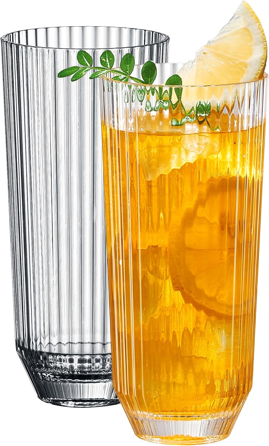 Khen-Shatterproof-Acrylic-Ribbed-Drinking-Glasses-Set,-European-Style,-Dishwasher-Safe,-Tall-|-Set-of-2-|-Clear-Tritan-Drinkware,-Unbreakable-BPA-free-Plastic,-Reusable-Stackable-Glassware-12OZ-