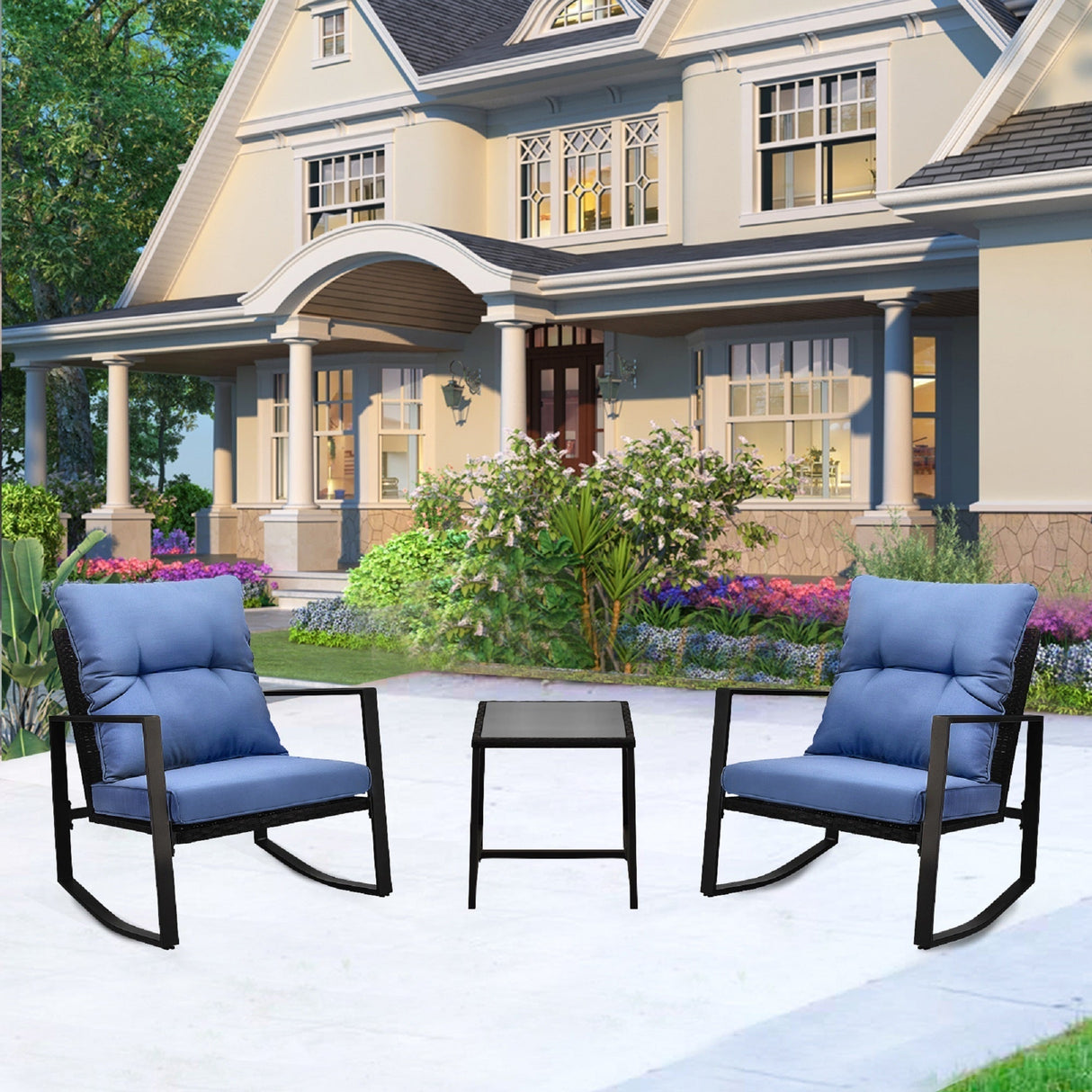 3 Pieces Patio Bistro Set Outdoor Rocking Chair with Blue Cushion for Yard Garden Poolside