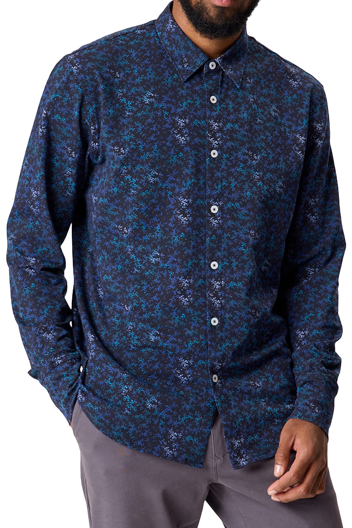 Good Man Brand - Men’s Long Sleeve Print Shirt in Knit Stretch - Lightweight Button Up Stretch Cotton Shirt - Navy Stone Garden, S