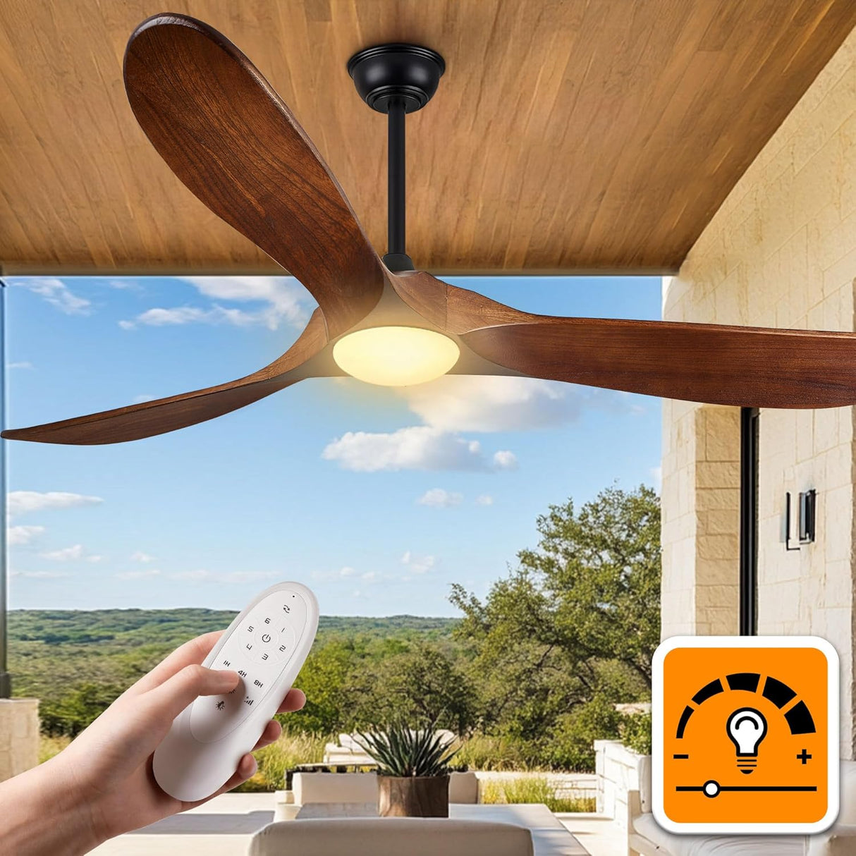 52 Inch Walnut Ceiling Fan with LED Light 3-Blade DC Remote