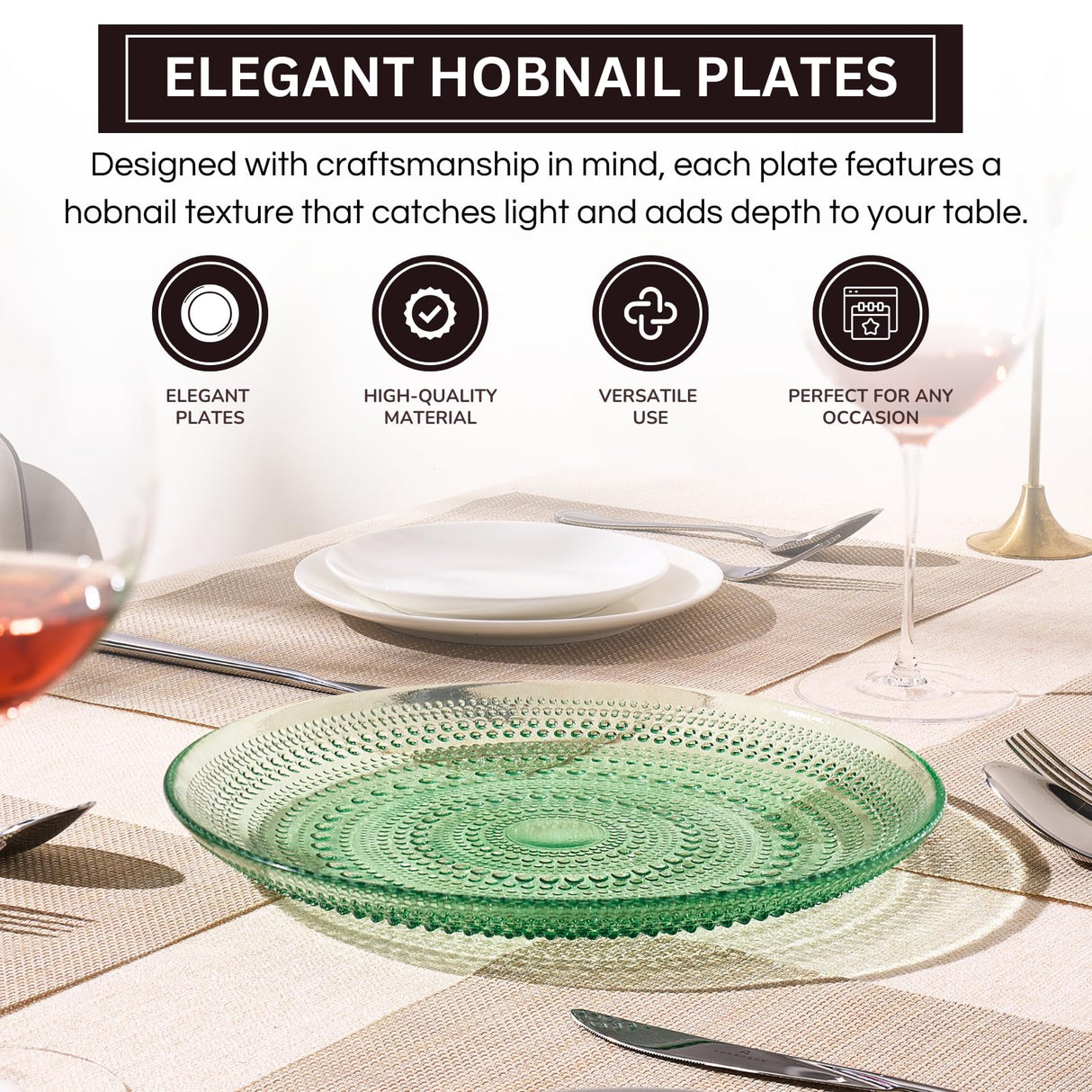 Glass Hobnail Dinner or Charger Plates | Set of 4 | Green