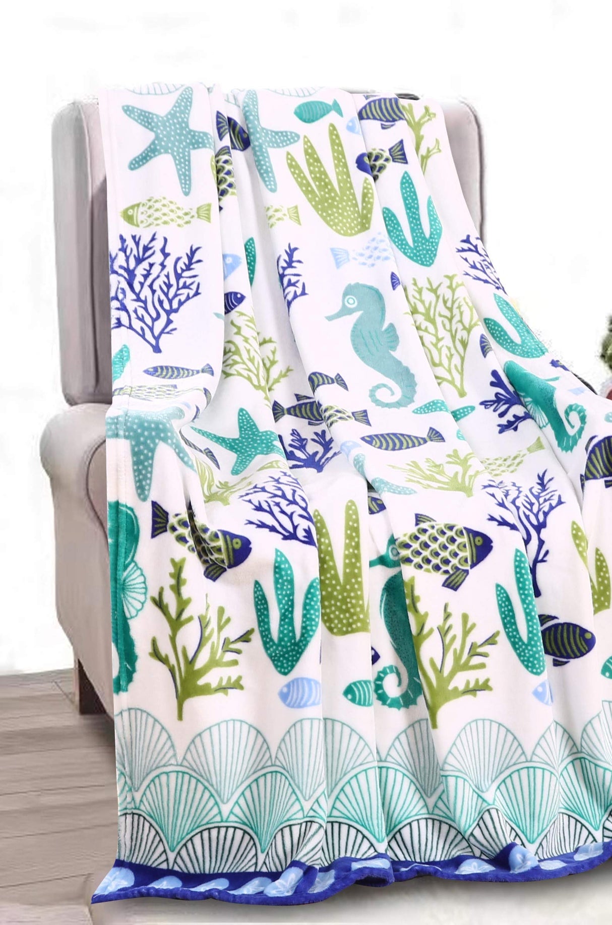 Decor&More Corales de Marina Blue Coral Seahorse Oceanic Microplush Throw Blanket Ocean Blanket for Boys and Girls and Kids of Any Age (50" x 60")