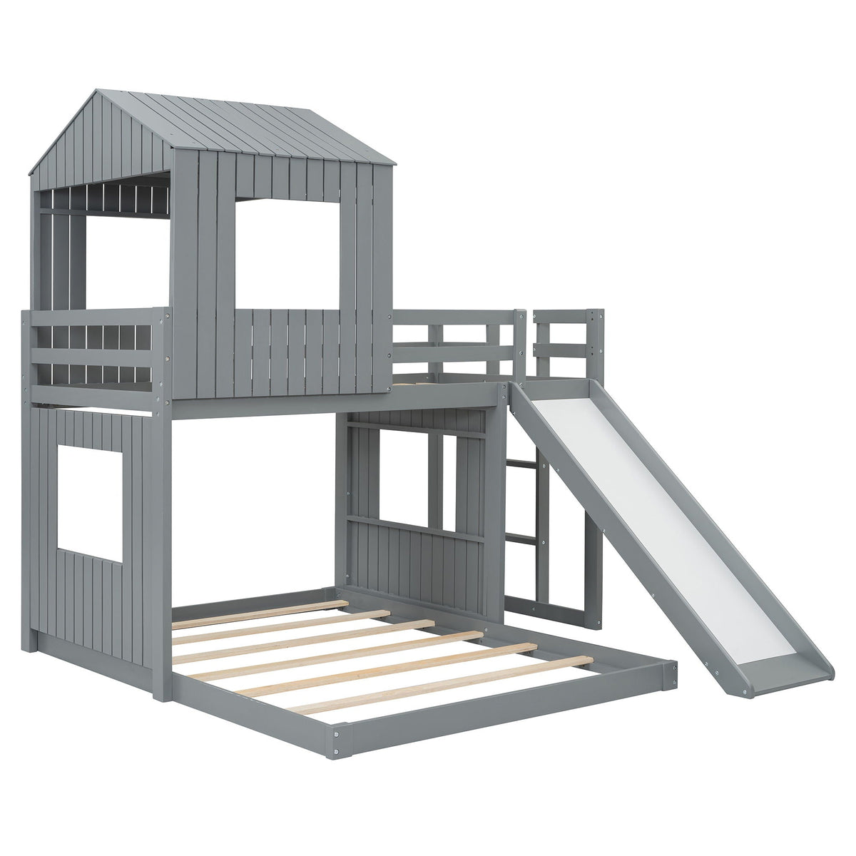 Loft Bunk Bed With Playhouse, Farmhouse, Ladder, Slide And Guardrails