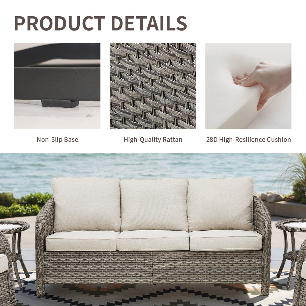 73.6" PE Wicker Rattan Outdoor Furniture Set - 3 Seat Sofa