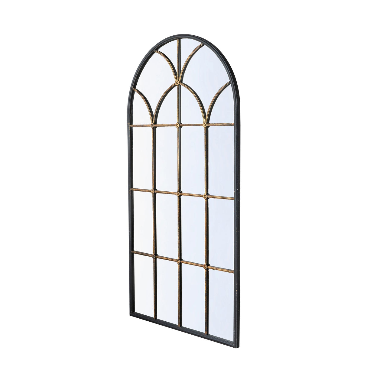 34x65.5' Arched Full-Length Mirror with Black and Gold Windowpane Design