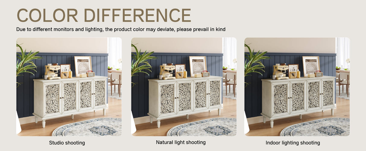 60" Antique Buffet Cabinet with Floral Carvings and Solid Wood Legs