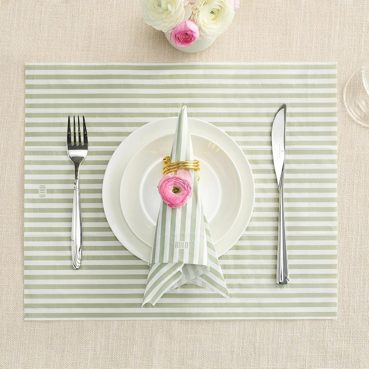 Tonal Striped Disposable Napkin Set in Green, 50 Pieces
