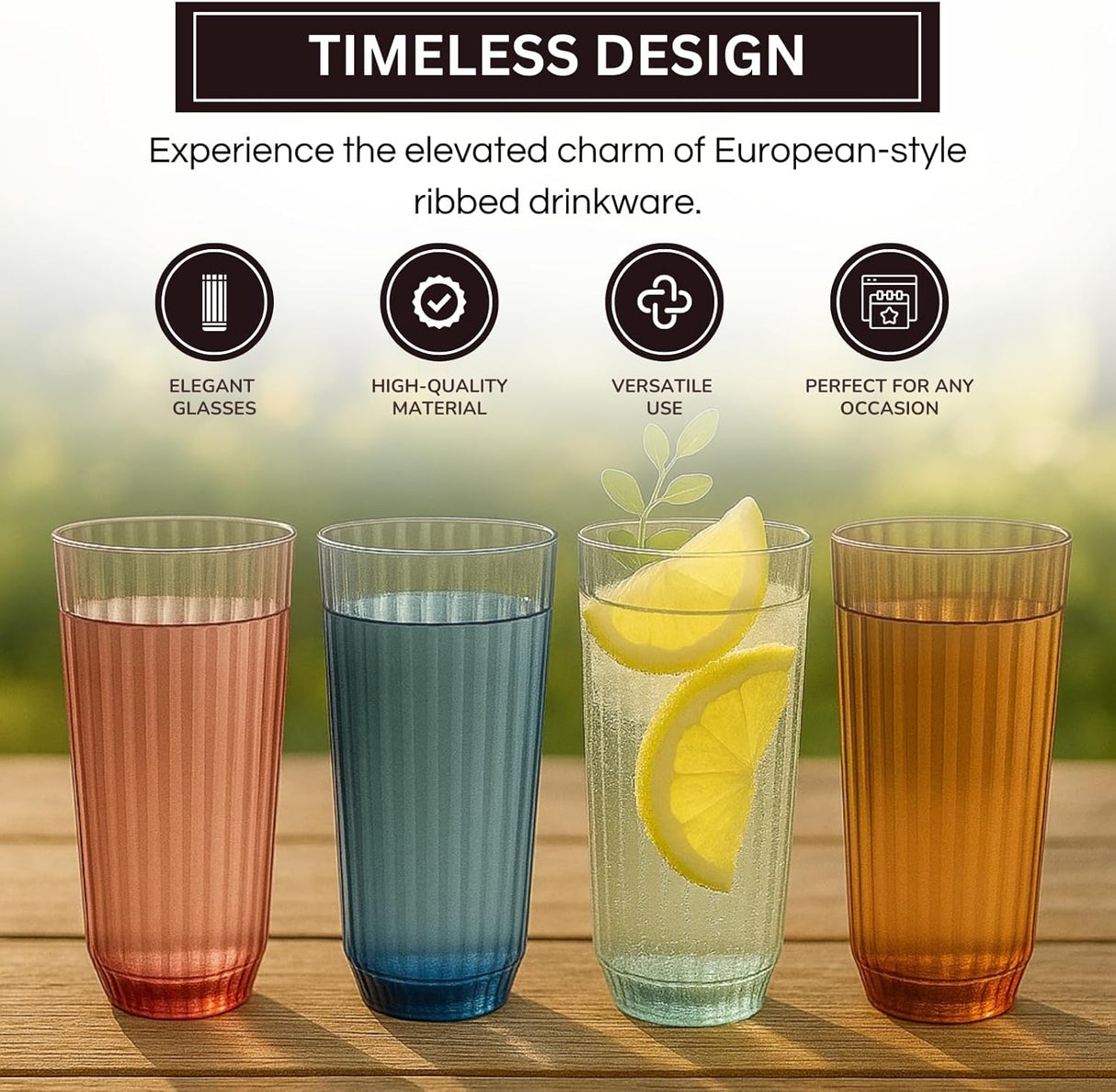 Shatterproof Ribbed Drinking Glasses , Dishwasher Safe, Tall | Set of 4 | Unbreakable BPA-free Plastic, 12OZ