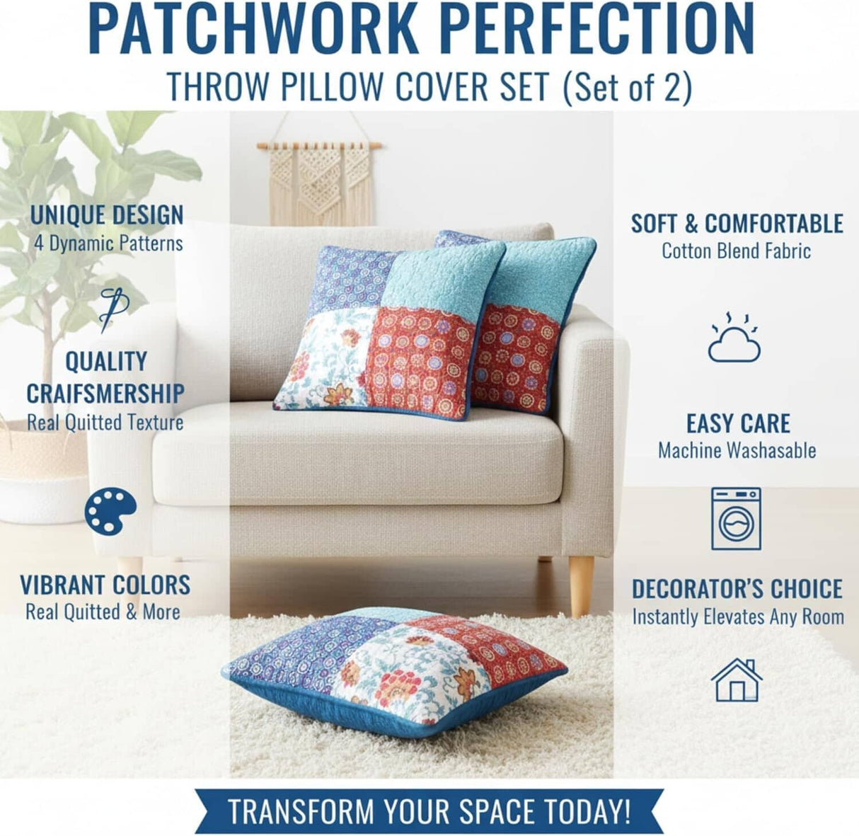 DaDa Bedding Set of 2-Pieces Bohemian Vibes Patchwork Floral Throw Pillow Covers, 18" x 18" (JHW878)