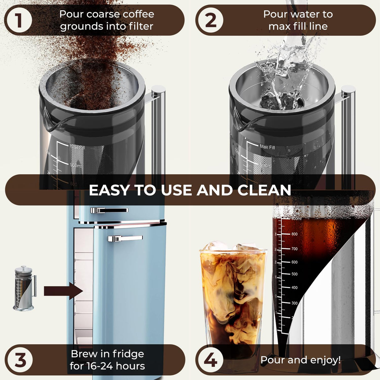 Cafe Du Chateau Cold Brew Coffee Maker - 34oz Airtight Iced Coffee & Tea Pitcher with Measuring Label, Stainless Steel Filter, Ideal for Fridge Storage