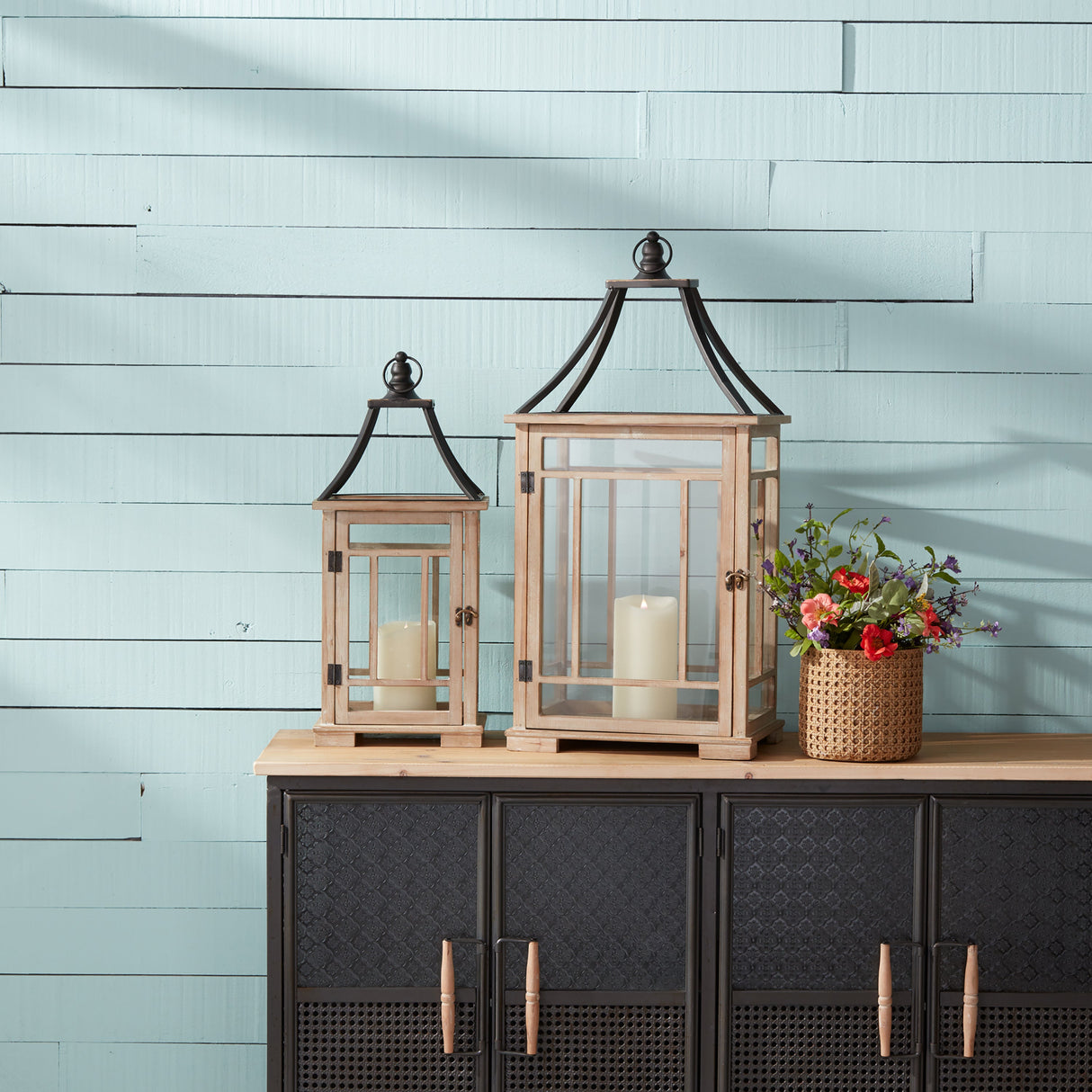 Natural Wood Lantern with Open Metal Lid (Set of 2)
