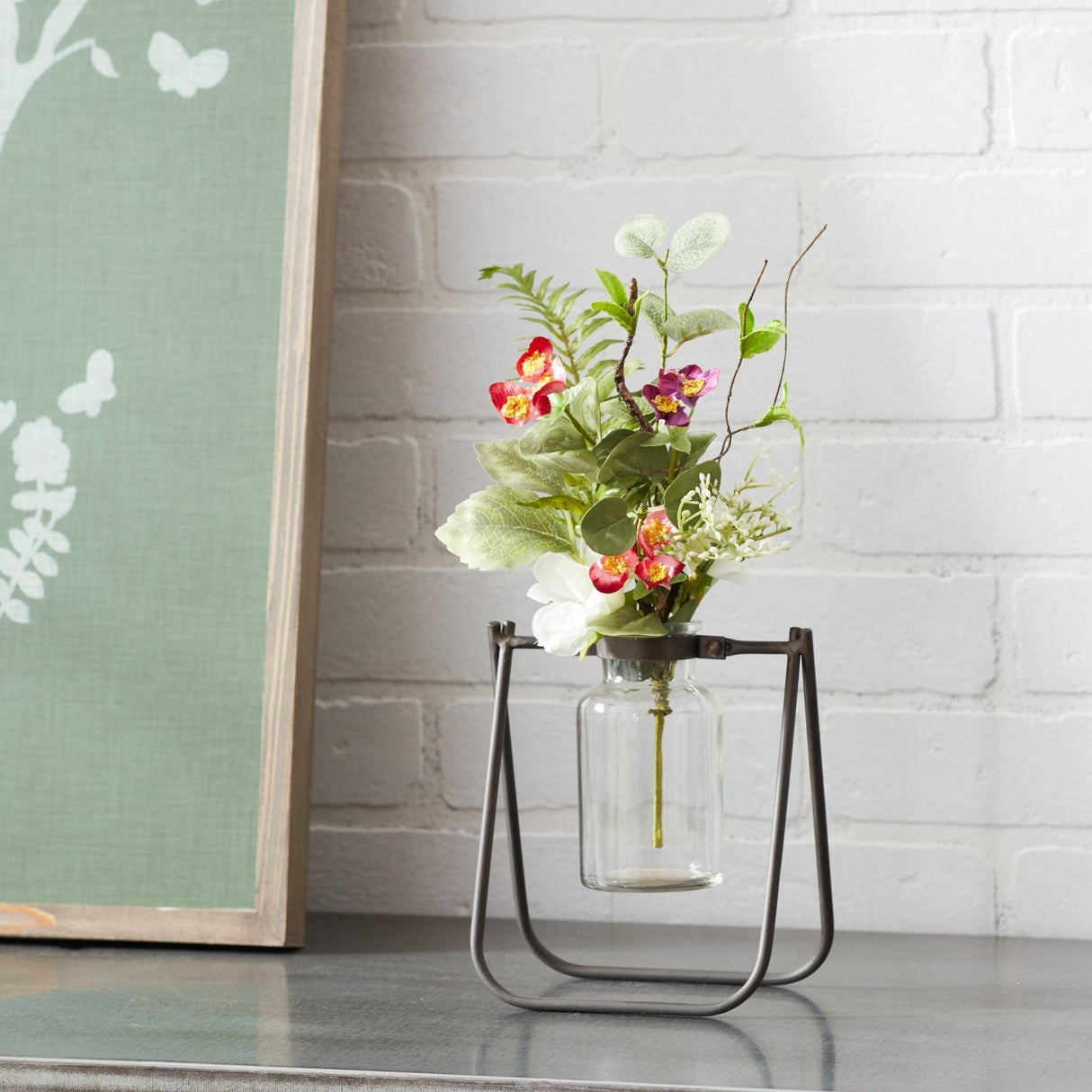 Hanging Glass Jar Vase with Metal Stand (Set of 2)