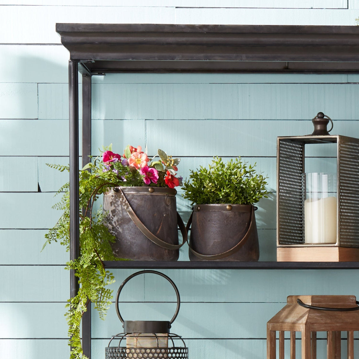 Natural Wooden Pail Planter with Metal Handle Accent (2 Set)