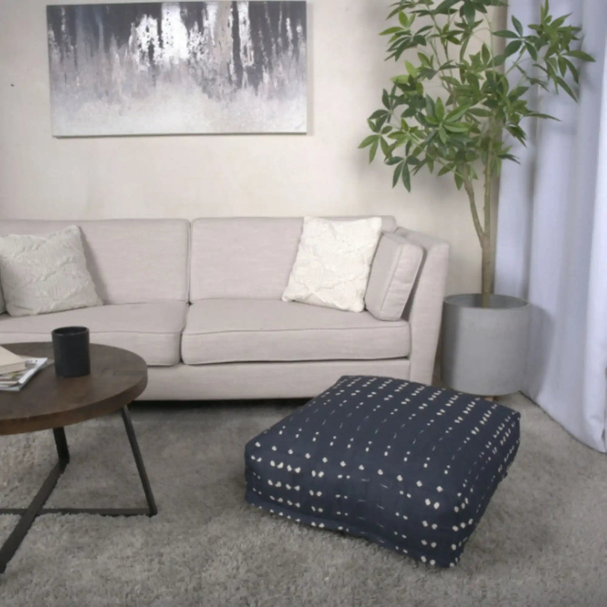 Dalm Fabric Square Pouf Ottoman with Polystyrene Beads Filling - Dark Blue / White