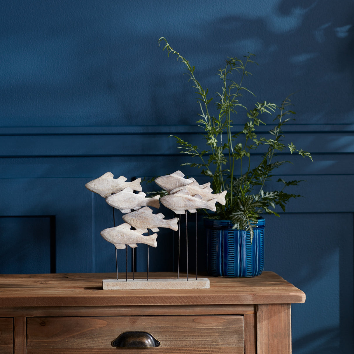 Wooden fish school sculpture 9.75"l