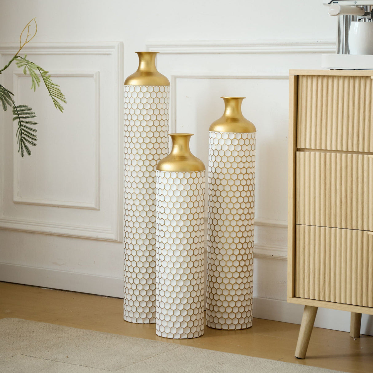 3 Piece Set Gorgeous Home Decoration Large Glazed Floor Vase Decoration Home Droplet Shaped - Gold / White