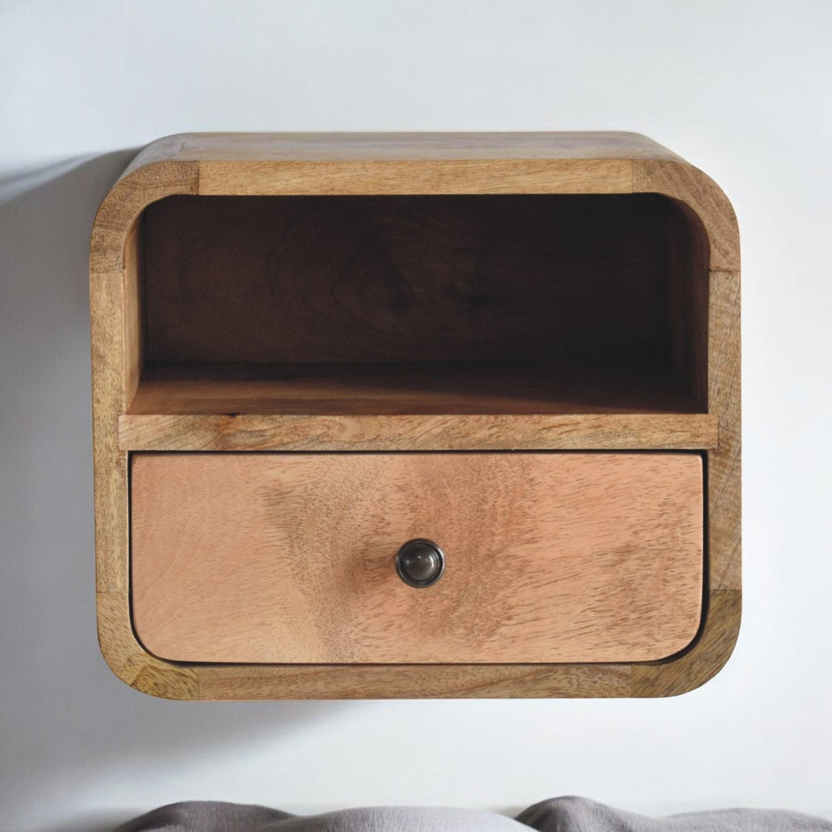 Extra Mini Wall-Mounted Curved Oak-ish Nightstand with Open Slot, 1-Drawer