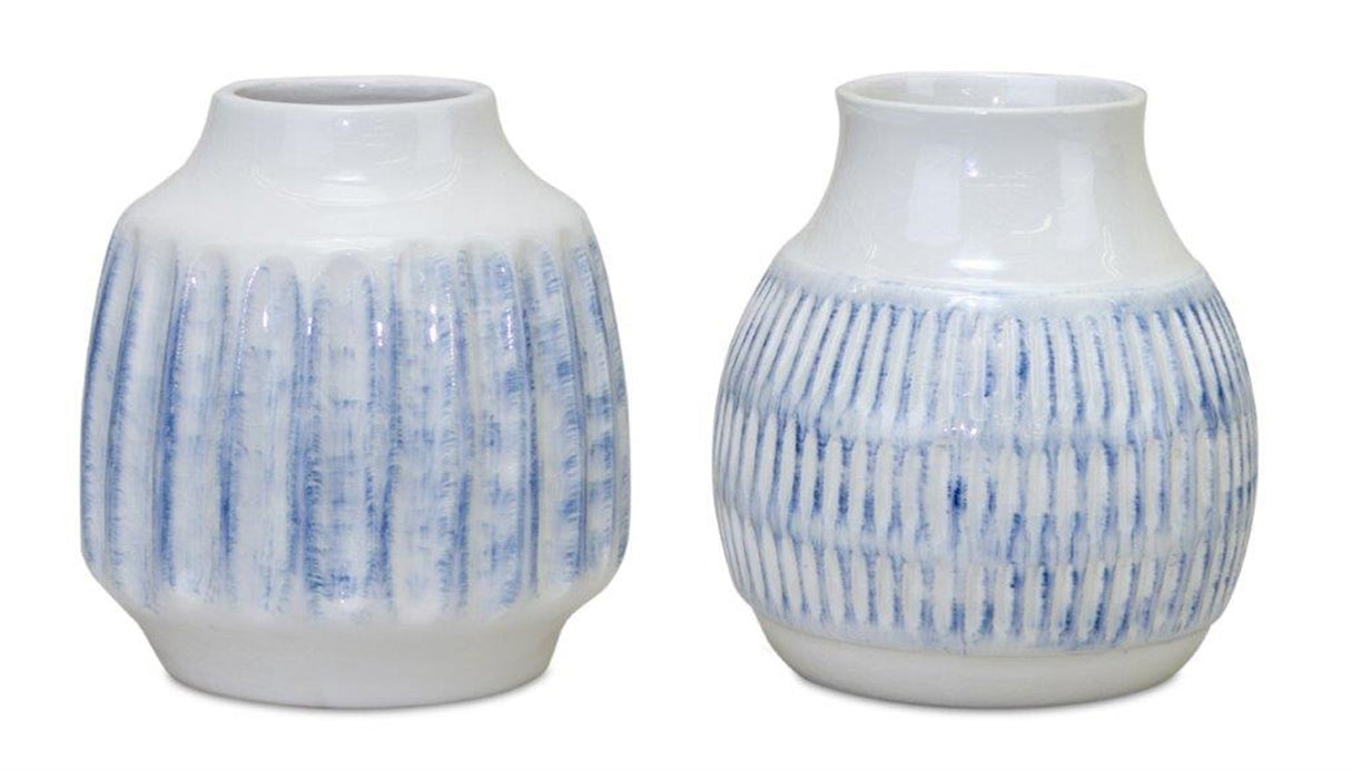 Ribber-ceramic-vase-with-washed-blue-finish-(set-of-2)-Vases