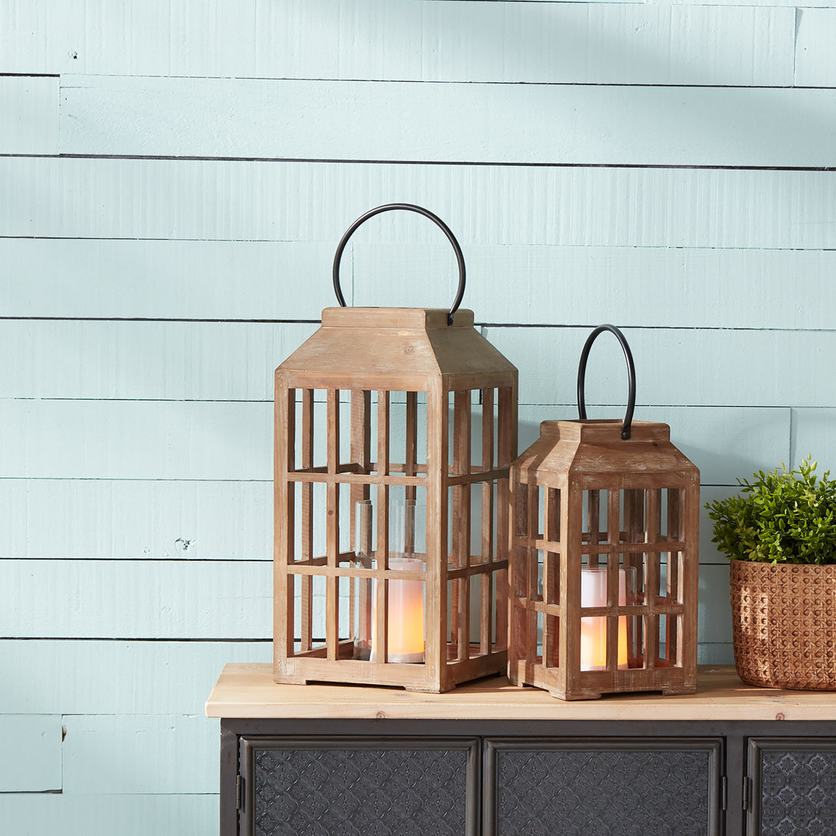 Natural Wooden Lantern with Glass Hurricane