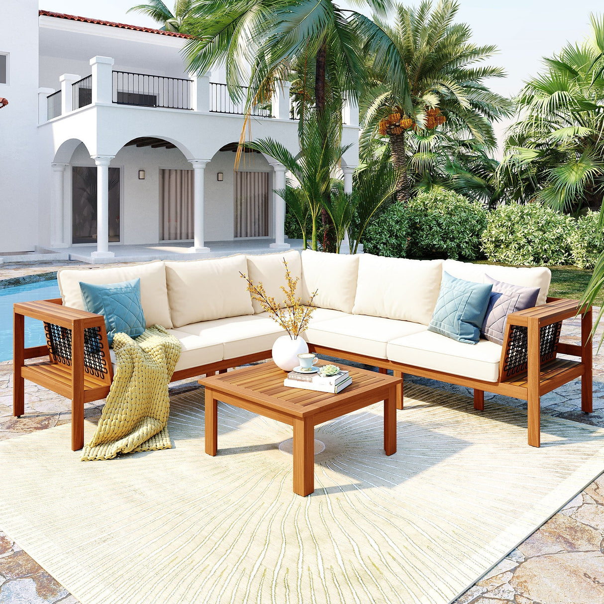 GO 4 Pieces Outdoor Acacia Wood Sofa Set with Coffee Table