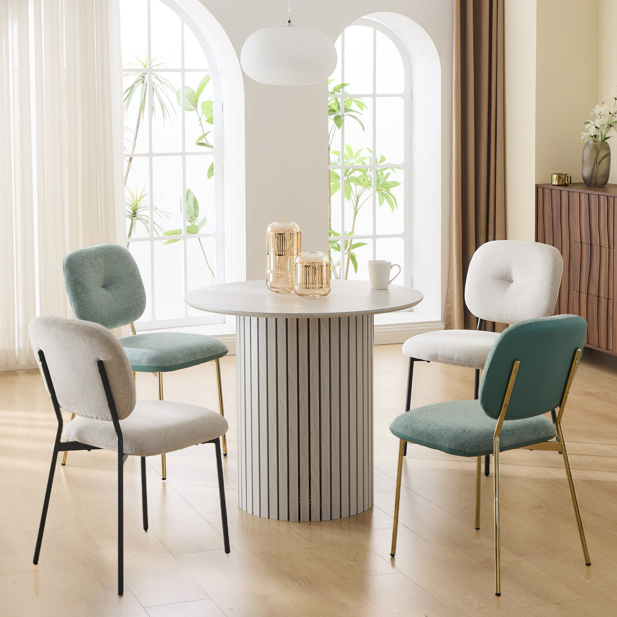 Modern 4-Person Dining Set with Bamboo & MDF Table and Fabric Chairs