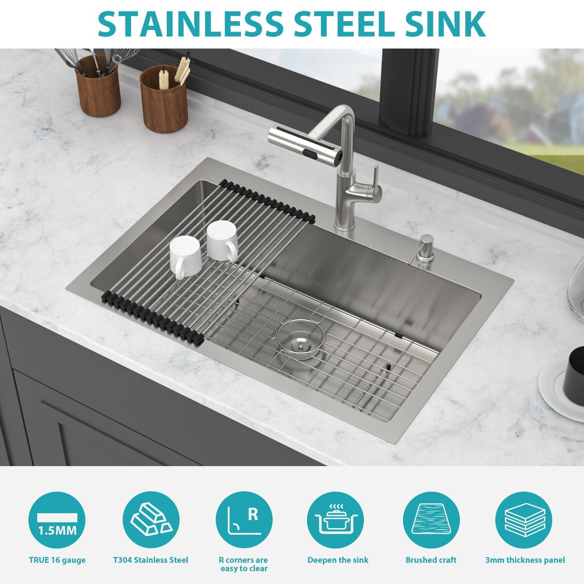 Drop-In Kitchen Sink With Pull-Out Faucet And Soap Dispenser