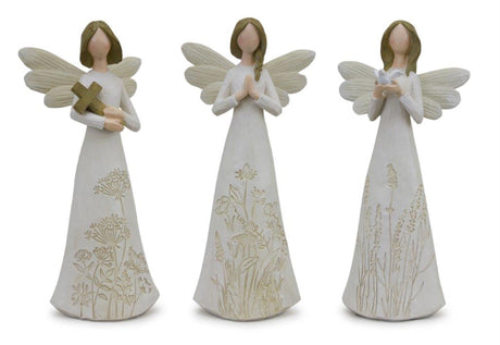 Beige-Floral-Etched-Angel-Figurine-(Set-of-3)-Figurines