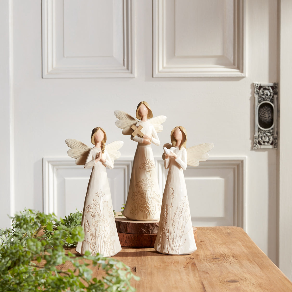 Beige Floral Etched Angel Figurine (Set of 3)