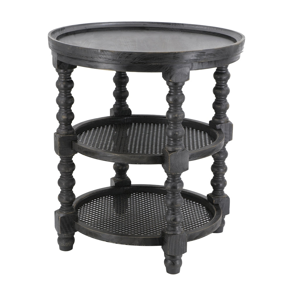23.5 x 25' Round Three Tiered Side Table with Rattan Shelf, Black