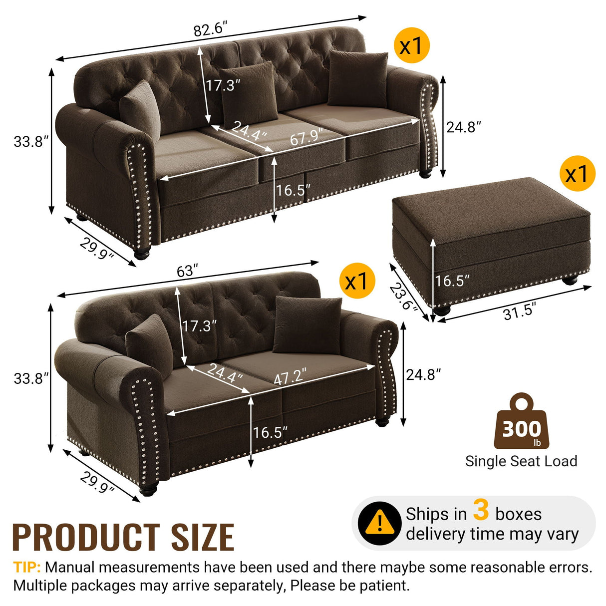 Upholstered Sofa Set With Nailhead Trim and Rolled Armrests, Includes Pillows