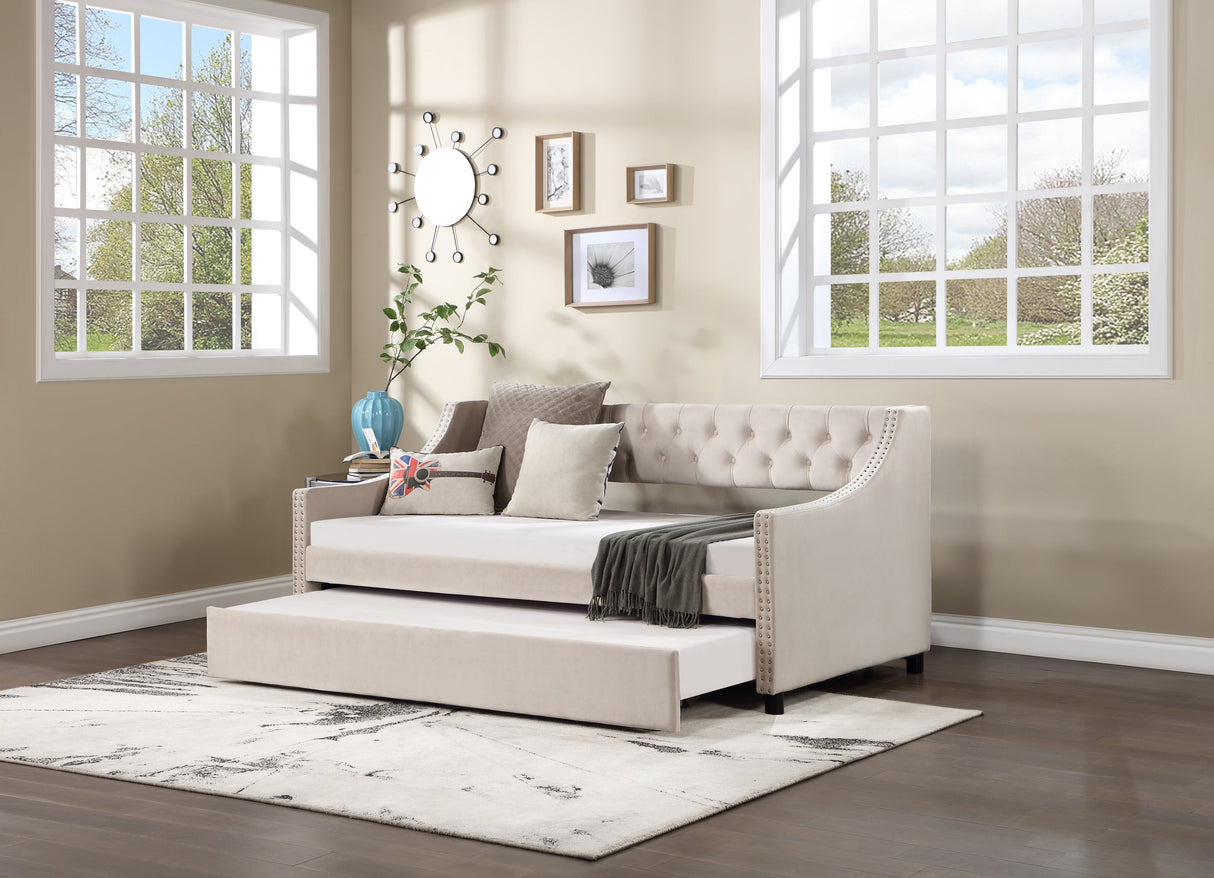 Daybed with Trundle Upholstered Tufted Sofa Bed Arms Full Size Beige