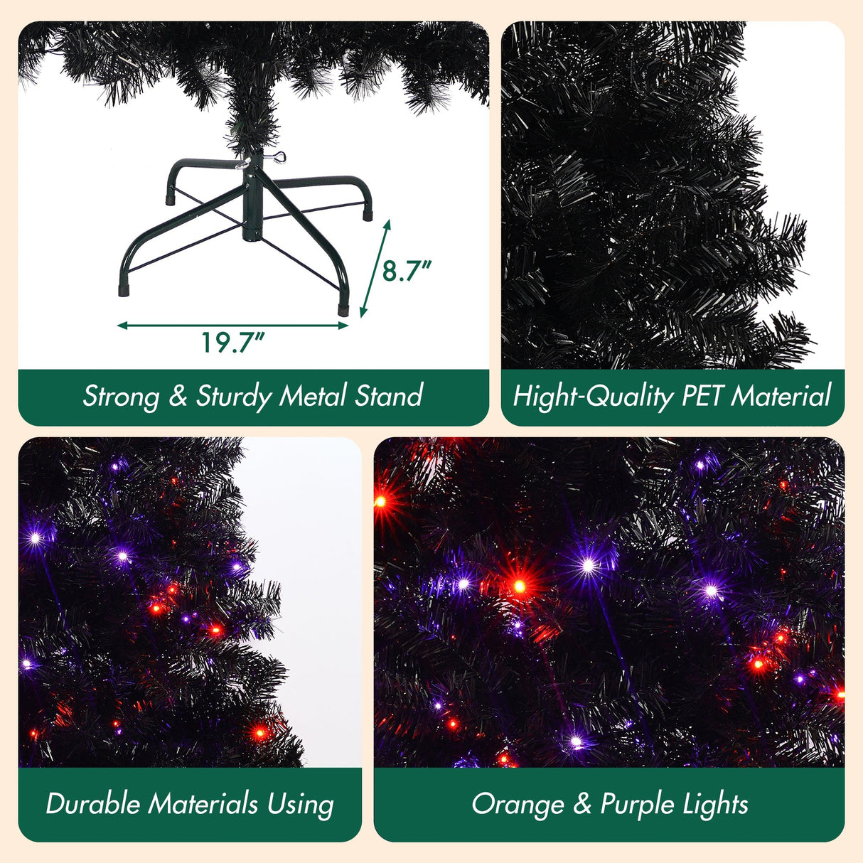6Ft Curved Hat-Look Black Holiday Tree with Orange & Purple Lights