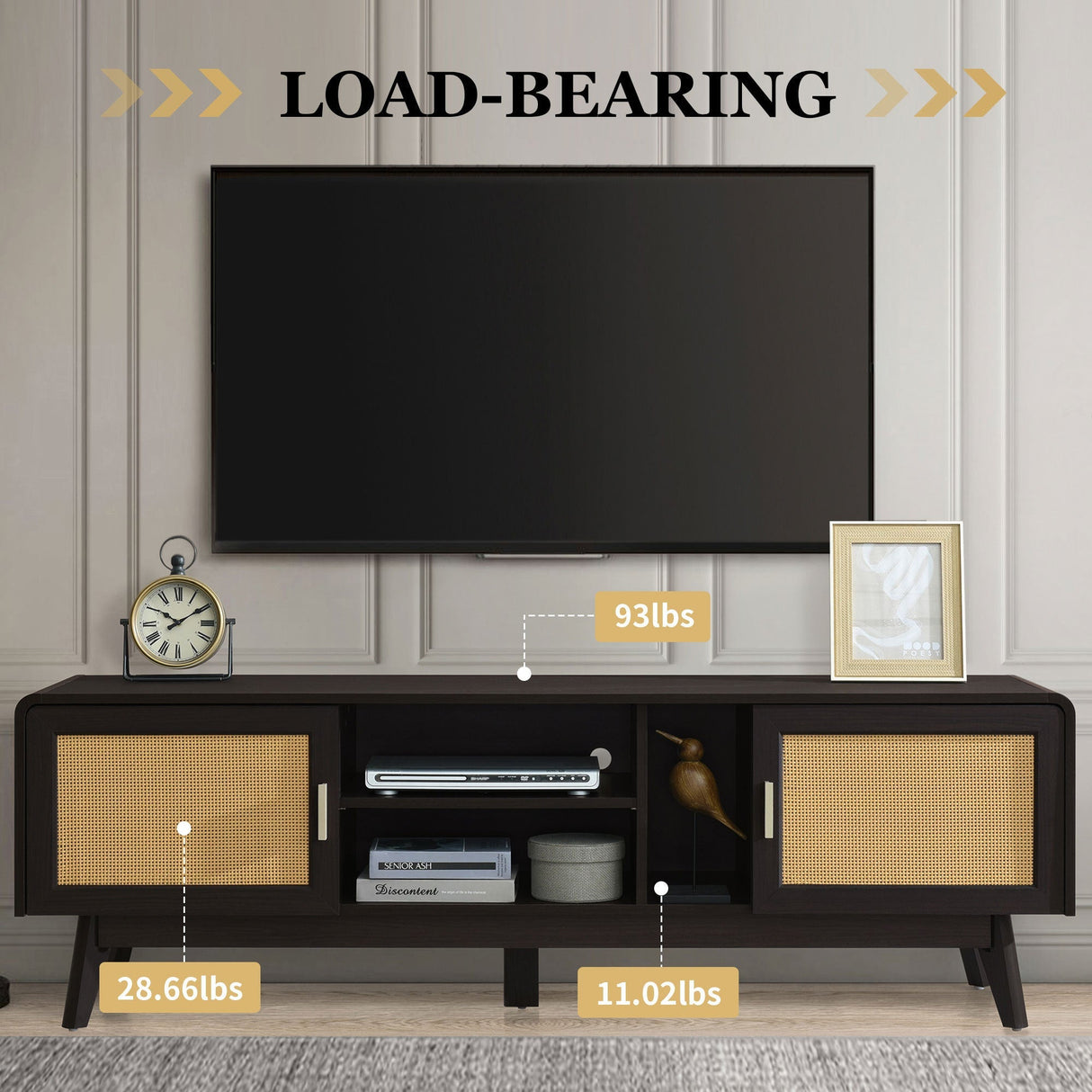 63'' Dark Rattan TV Stand with 2 Storage Cabinets and Solid Wood Legs