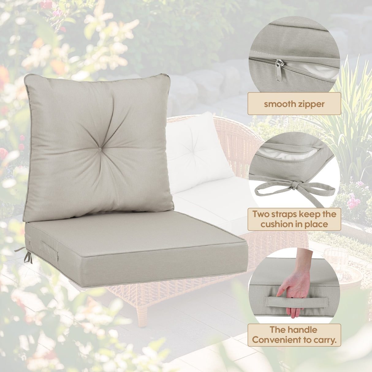 Outdoor Deep Seat Cushions for Patio Furniture Waterproof Set, Beige Polyester 24x24x4 Inches