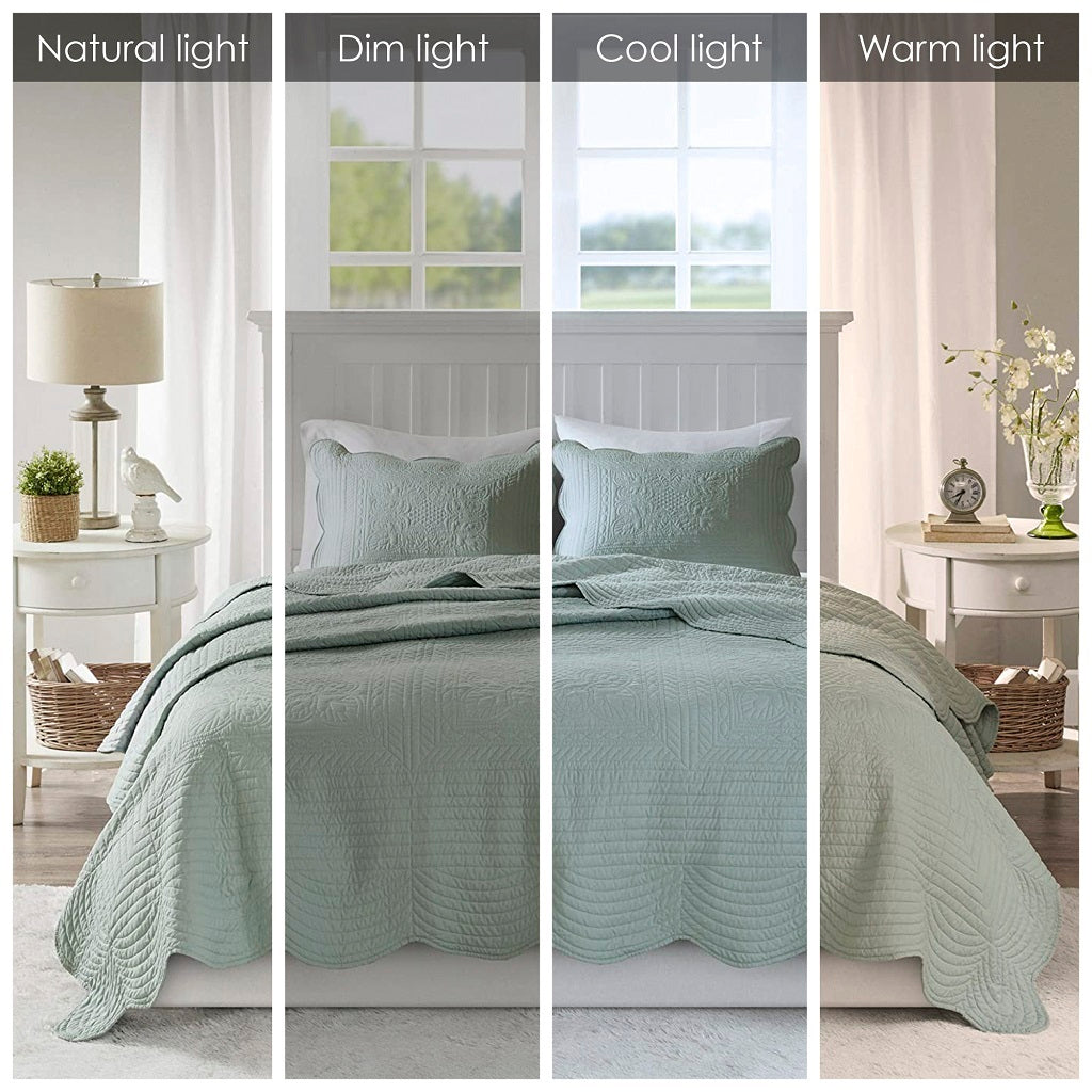 3 Piece Reversible Scalloped Edge Quilt Set Seafoam Full/Queen