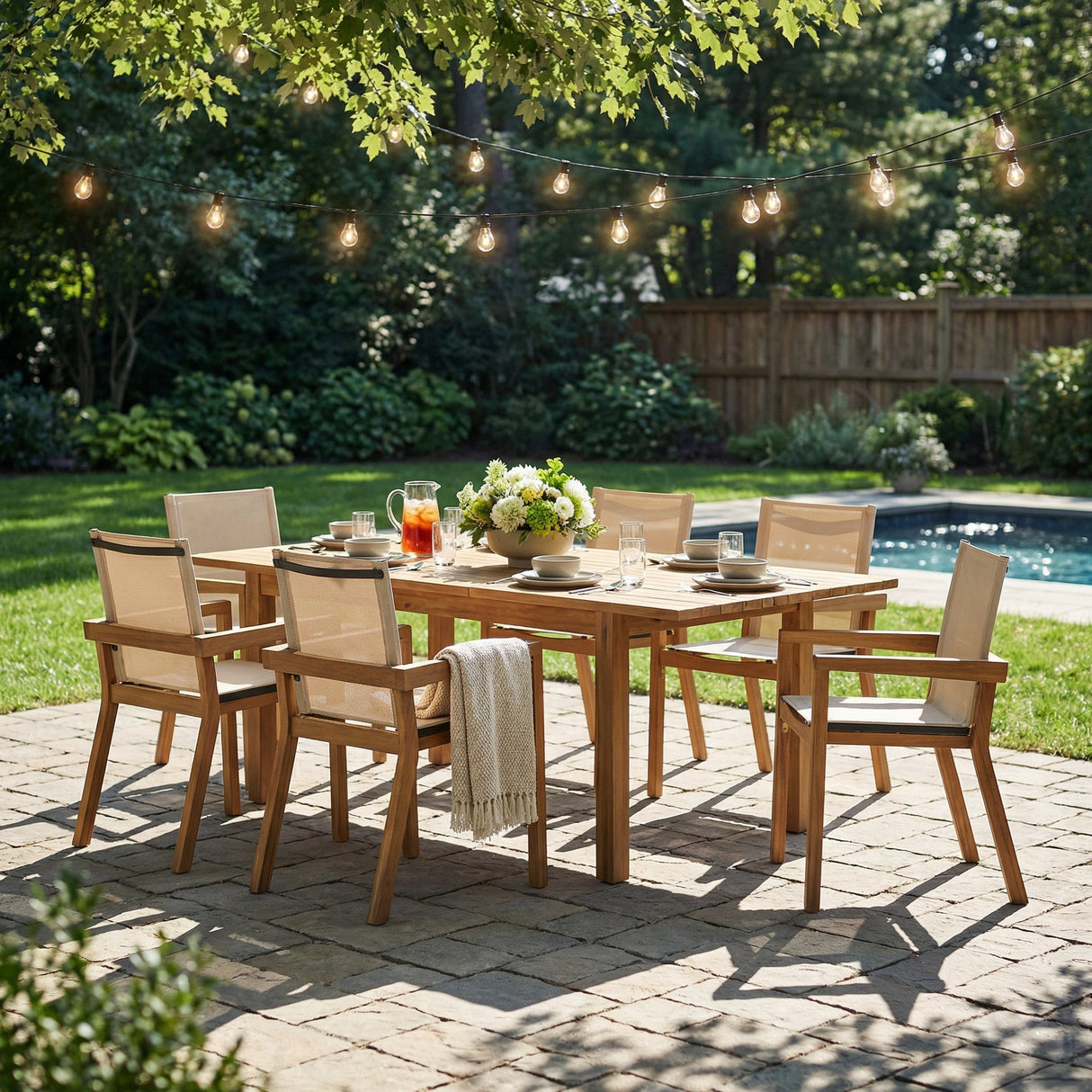 7 Pieces Acacia Wood Outdoor Dining Set, Modern Style