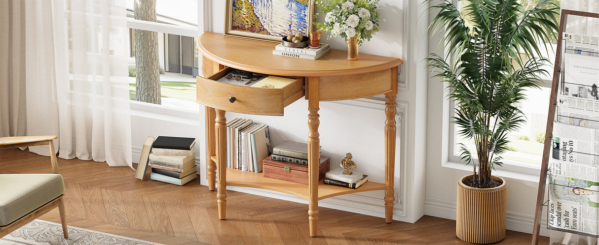 TREXM Farmhouse Half Moon Console Table with Drawer & Shelf