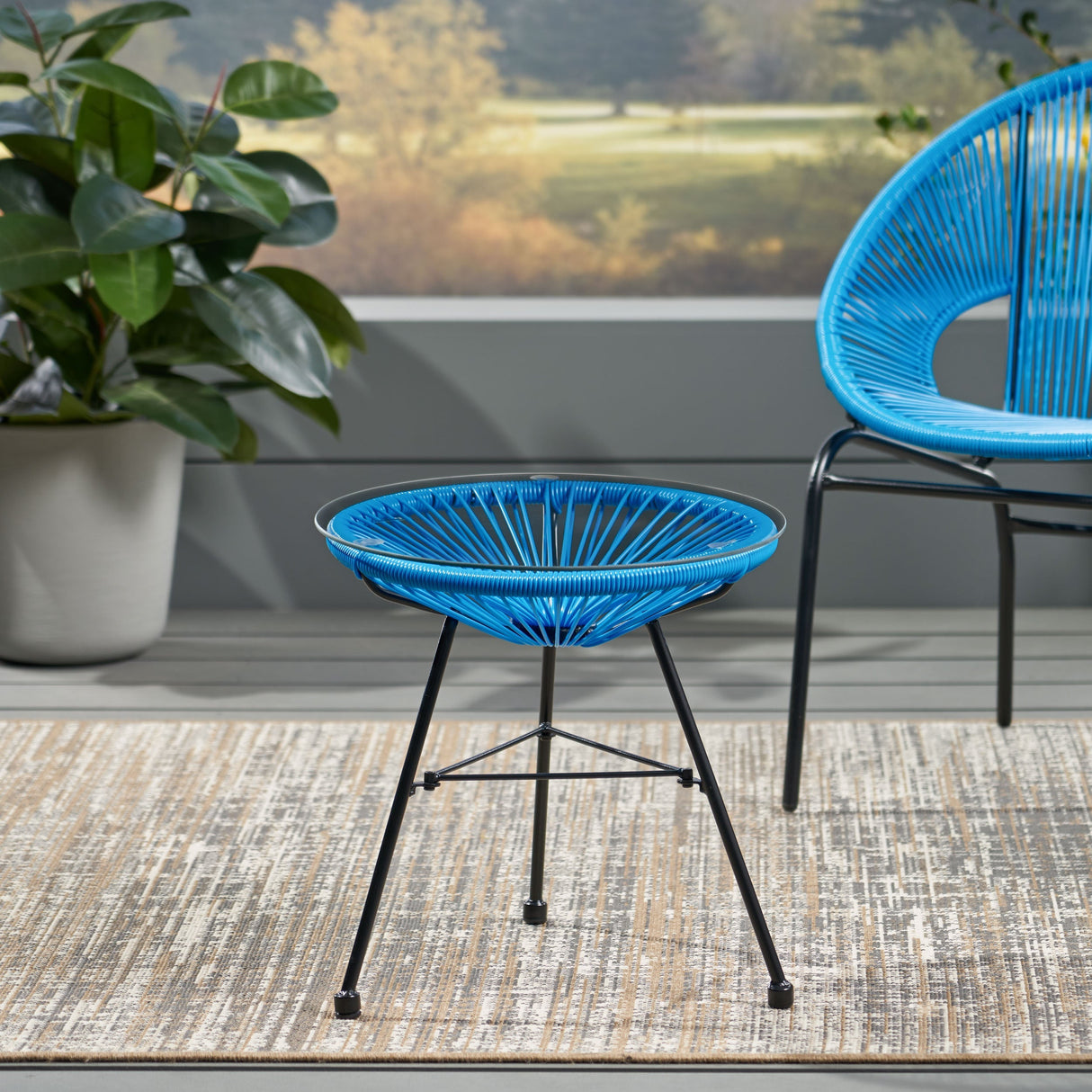 NUSA Modern Rattan Side Table with Tempered Glass Top in Blue