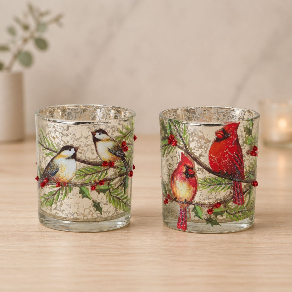 Mercury Glass Votive Candle Holder with Bird and Berry Branch (Set of 6)