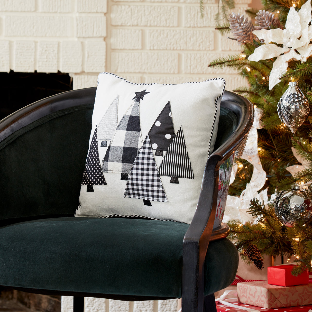 Black and White Holiday Tree Throw Pillow 15"SQ