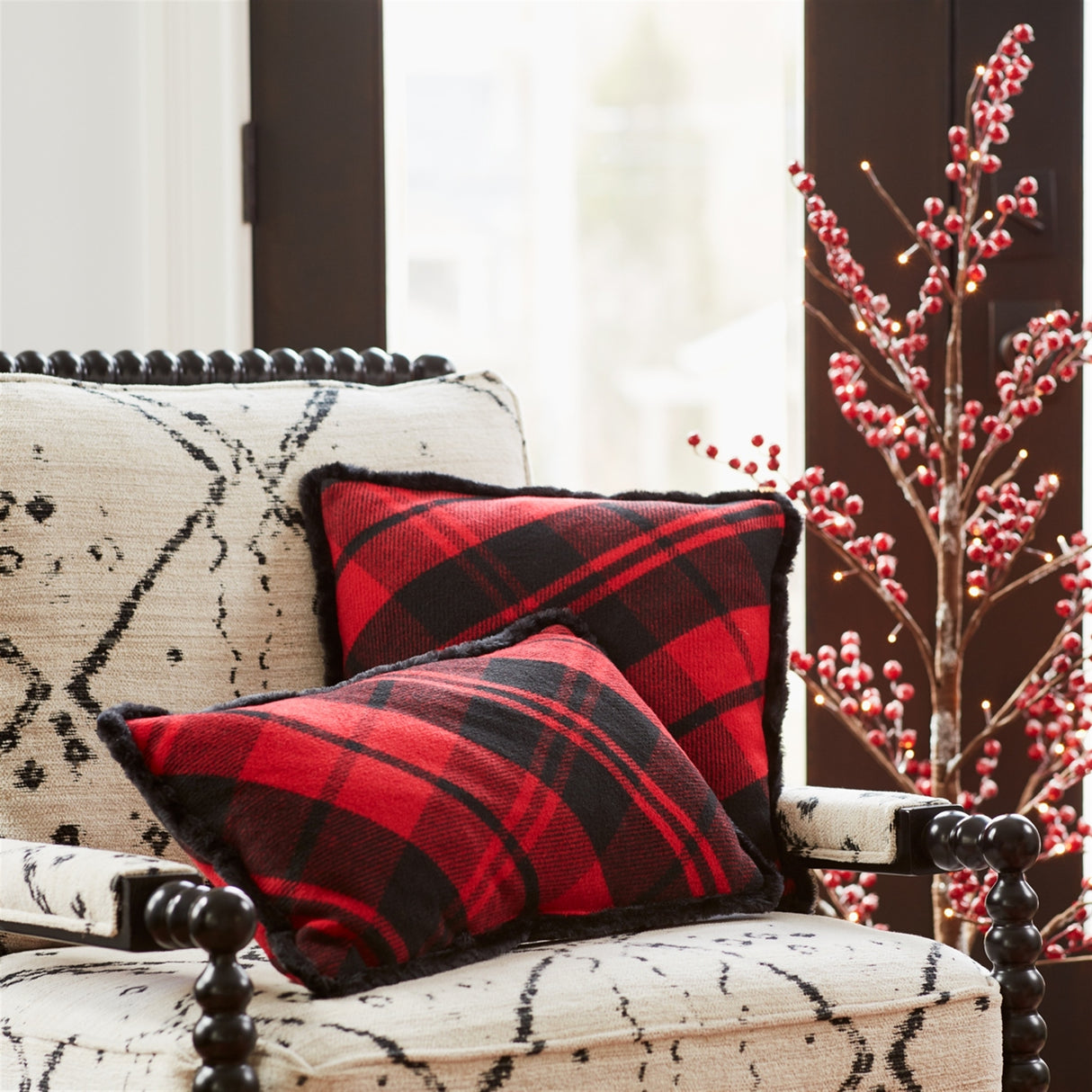 Black and Red Plaid Throw Pillow with Fringe (Set of 2)
