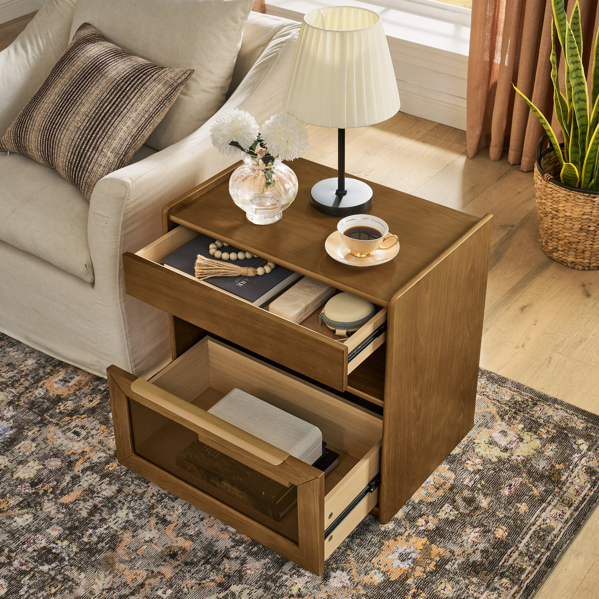 Mid Century Modern Nightstand with Charging Station & 2 Drawers