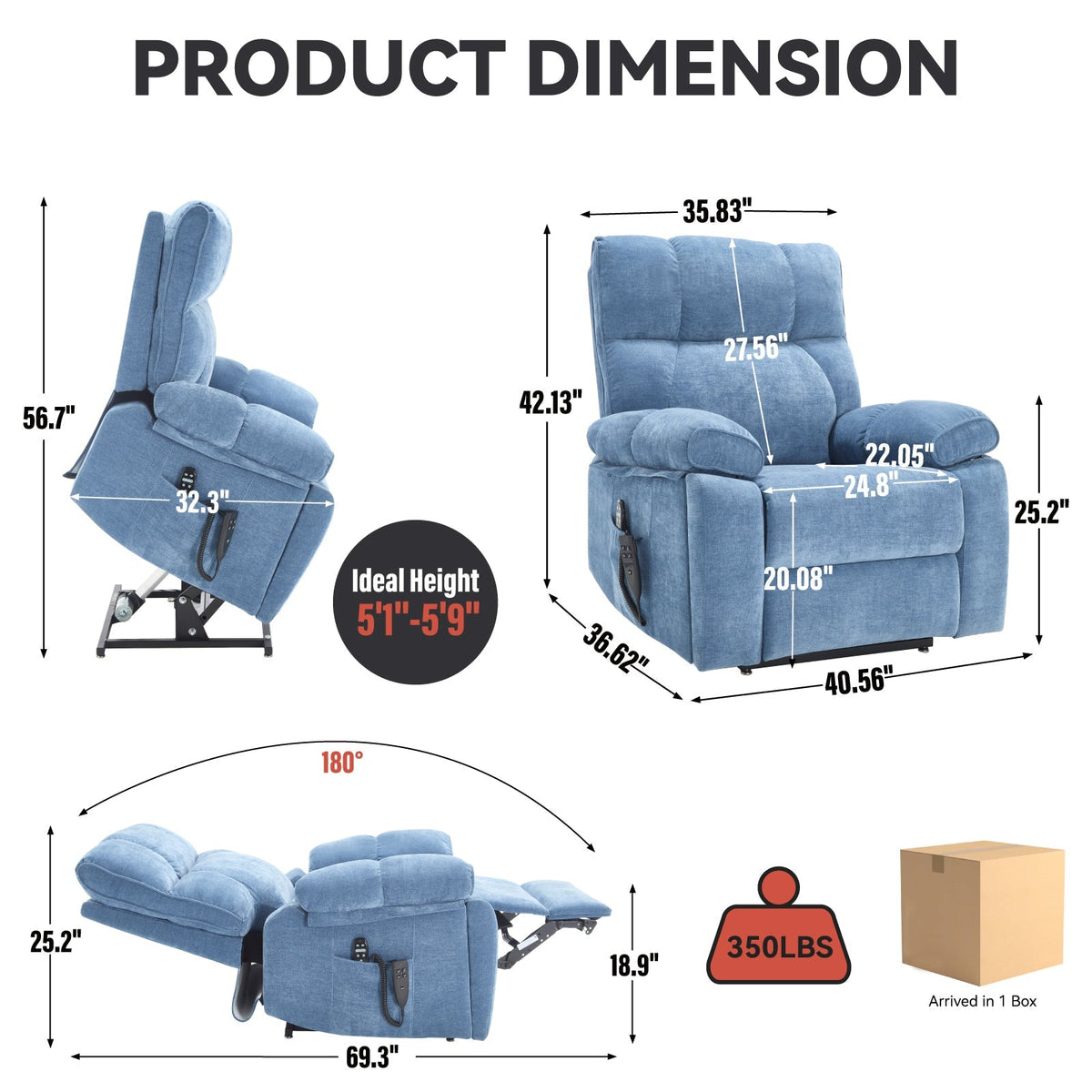 Blue Heat Massage Dual Motor Lift Recliner Chair with Electric Heat - Blue