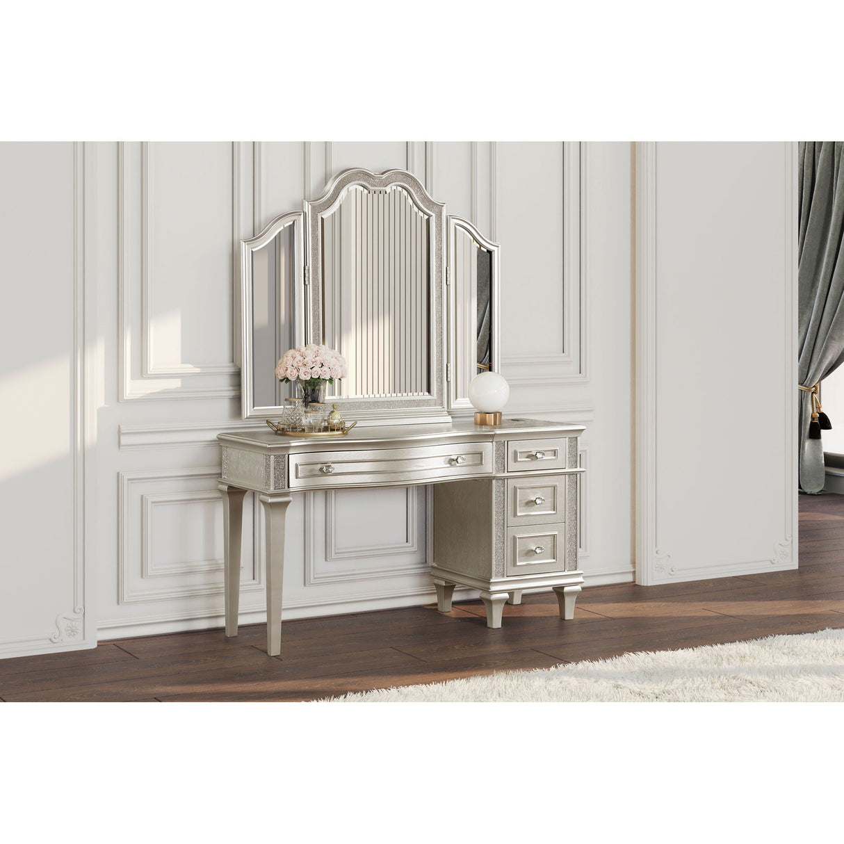 Colwood - 4 Drawer Vanity Desk With And Built In Charging - Silver Gray