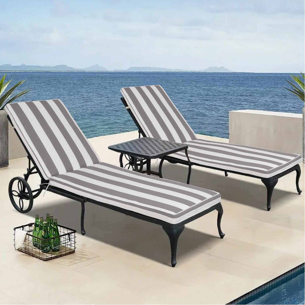 2-Piece Outdoor Chaise Lounge Cushion Set, Grey/White