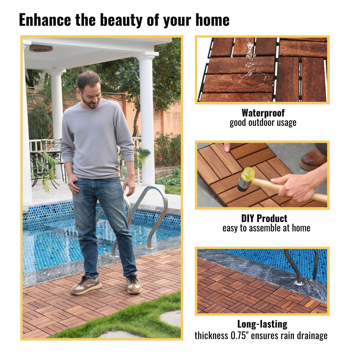 Acacia Wood Interlocking Deck Tiles Checker Pattern For Outdoor Flooring