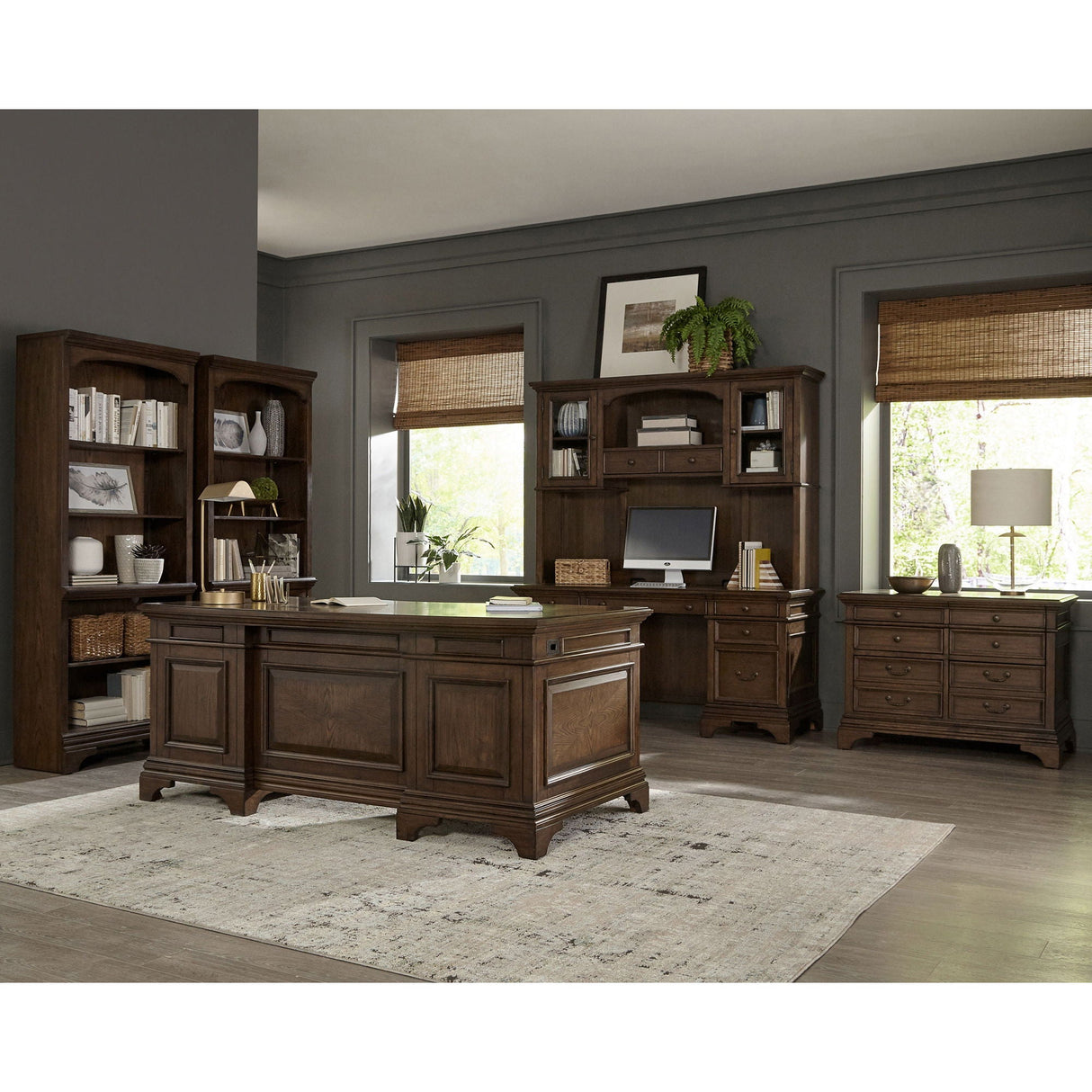 Stigham - Bookcase With 2 Door Cabinet, Adjustable Shelves, Cable Management - Oak