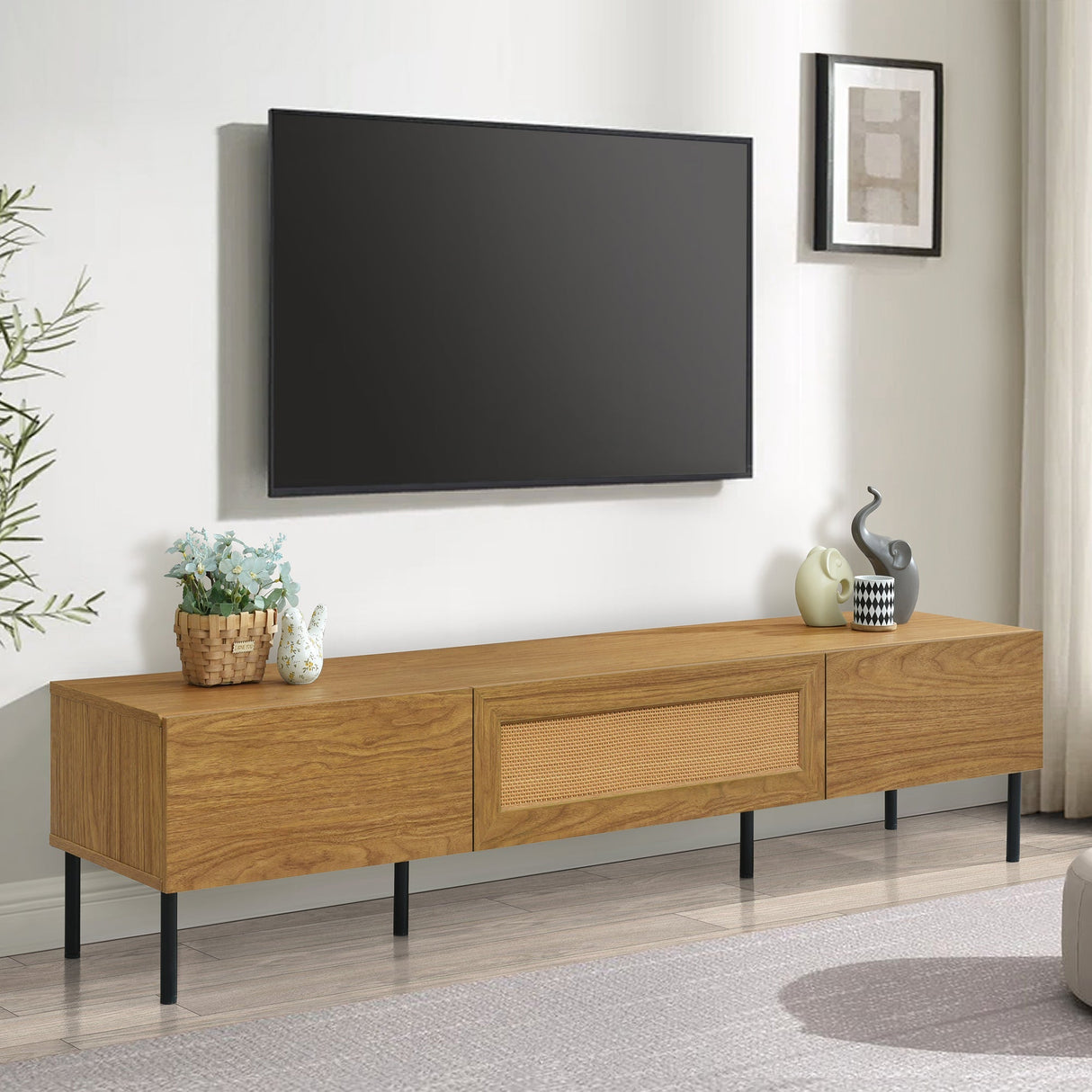 Boho TV Stand for TVs Up to 80" with Rattan Decoration and Metal Legs